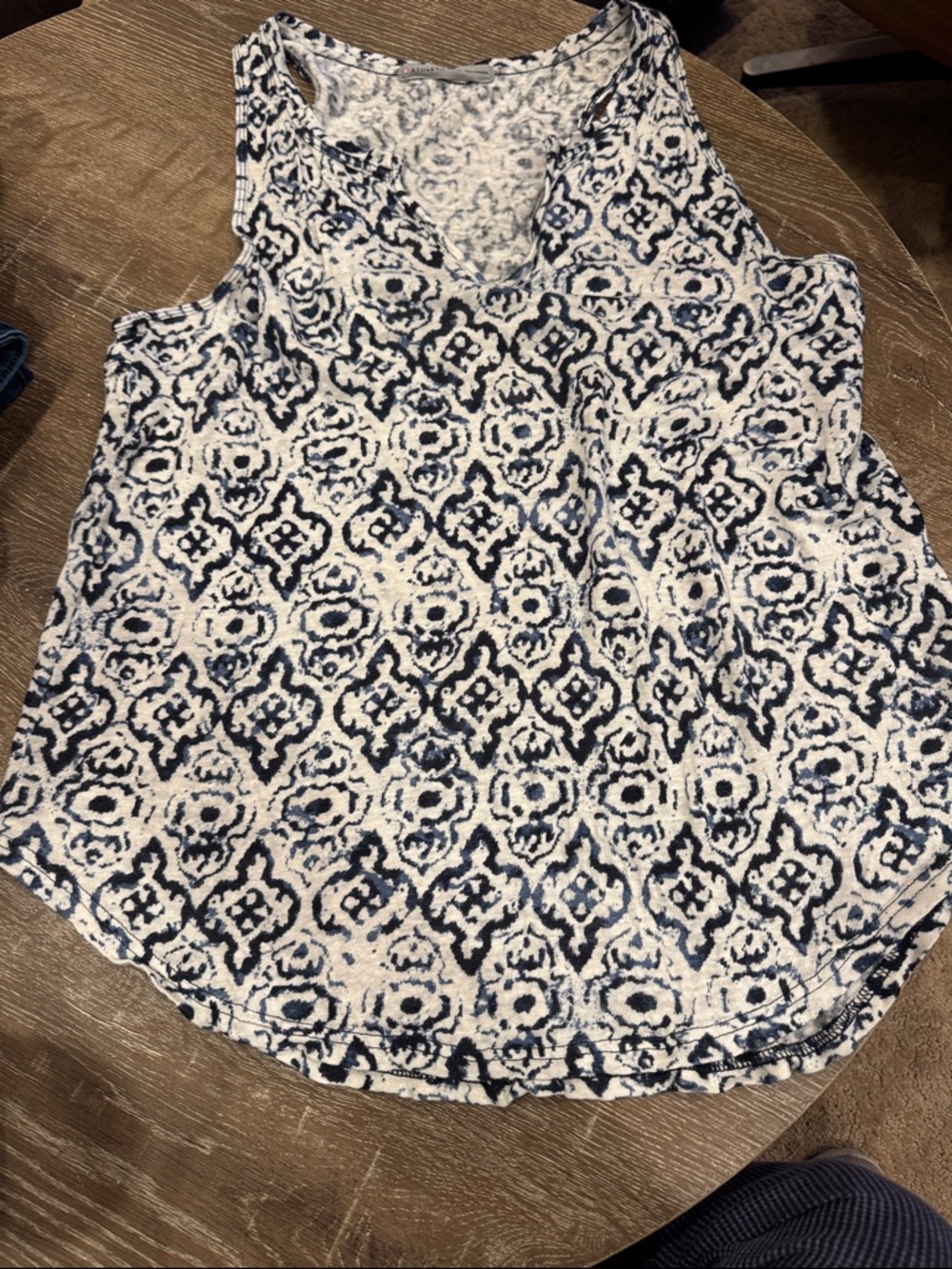 Athleta White and Navy Blue Patterned Tank Top